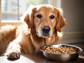 Golden retriever dog waiting for dinner in home