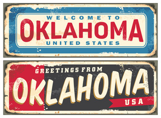 Fototapeta premium Vintage signs set for Oklahoma state. Retro USA signs and greeting cards designs. Travel destinations vector illustration.