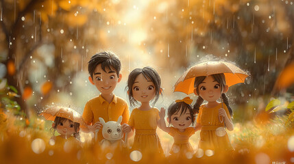 children playing in the rain