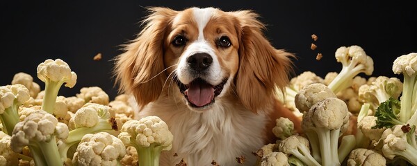Happy dog surrounded by cauliflower