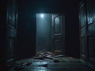 Obraz premium An open door in a dark, abandoned building