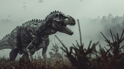 A formidable dinosaur with sharp teeth stands in a misty, prehistoric landscape, creating a sense of awe and primordial fear in the viewer with its fierce appearance.