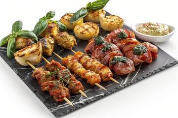 Skewers of grilled vegetables and meats presented on a dark slate board showcasing a mix of textures and flavors in an elegant outdoor setting