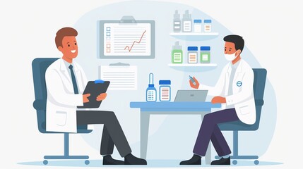 Two doctors discuss patient data in a medical office, with one doctor holding a clipboard and the other using a pen, emphasizing collaboration and data analysis in healthcare.