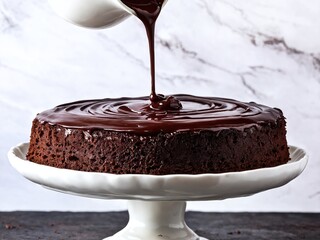 Chocolate cake being glazed on a white cake stand