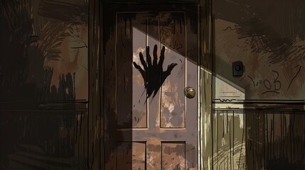 An eerie handprint is prominently displayed on a door situated in a dimly lit environment, suggesting a spooky and mysterious ambiance that sparks curiosity and fear.