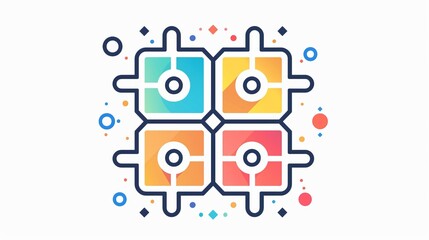 An engaging, geometric, and colorful abstract illustration with interconnected elements, symbolizing communication, creativity, and the interconnected digital world.