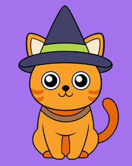 Cute cat with Halloween hat vector icon clipart illustration 