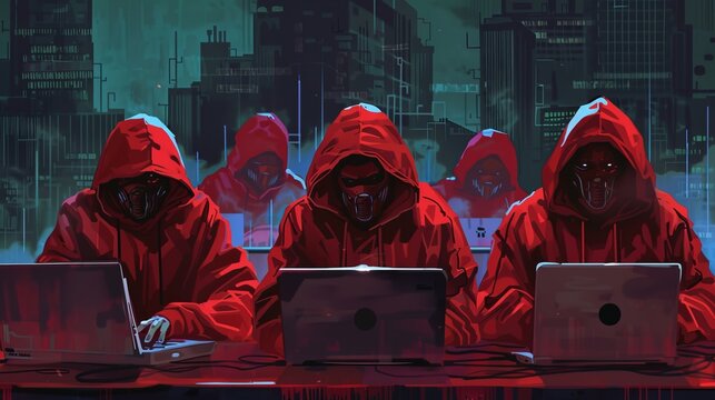 Multiple hooded figures operate laptops in a darkened room, likely engaged in hacking activities, with an emphasis on digital security breaches and the cyber world.