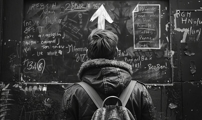 a person writing something on blackboard with up arrow pointing up, in the style of dynamic structures, black-and-white graphic,generative ai