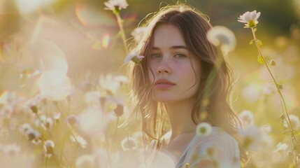Fototapeta premium a beautiful, dreamlike portrait of a woman standing in a field of wildflowers