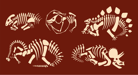Dinosaur fossil skeleton under ground ancient bone paleontology isolated set. Vector doodle line style design element © PrettyVectors