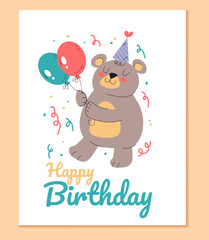 Birthday animal greeting card isolated set. Vector flat graphic design illustration