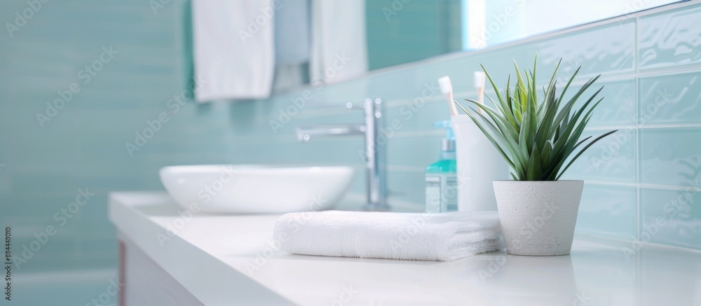 Poster empty table in bathroom with bokeh background