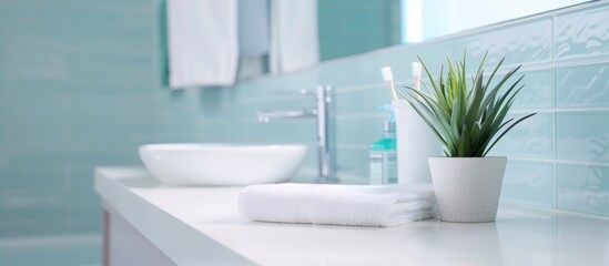 Fototapeta premium Empty Table in Bathroom with Bokeh Background