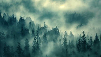Misty landscape with fir forest in vintage retro style Generative AI image