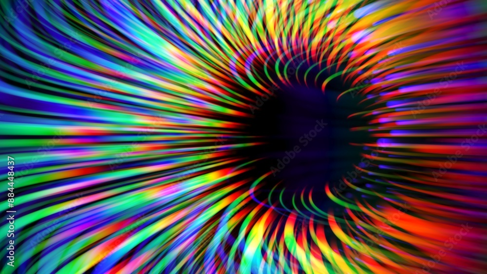 Poster abstract distortion refraction of rainbow rays and glowing particles through lens with place for you