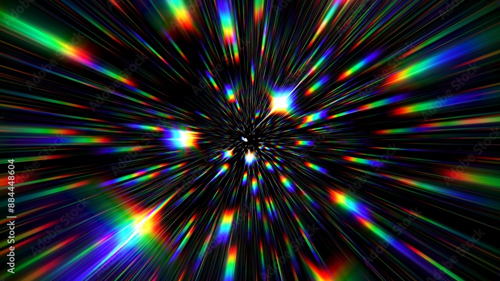 Poster portal for hyperspace jump at the speed of light. colorful glowing light rays inside the infinite tu