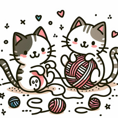 Doodle Art Cartoon of a Cat Playing with a Yarn