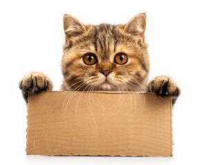 Adorable tabby cat peeks from behind a cardboard box, showcasing its cute and curious expression. Perfect for pet and feline lovers.