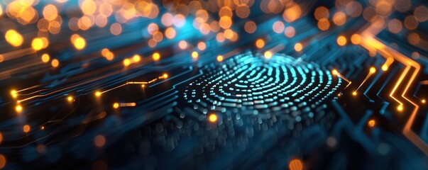 A neon blue fingerprint concept on a motherboard with a neon yellow stripe
