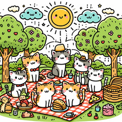 Doodle art cartoon of cats having a picnic in a park