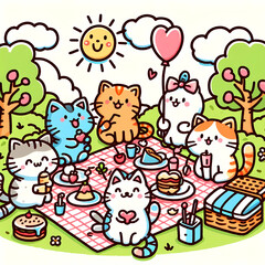 Naklejka premium Doodle art cartoon of cats having a picnic in a park