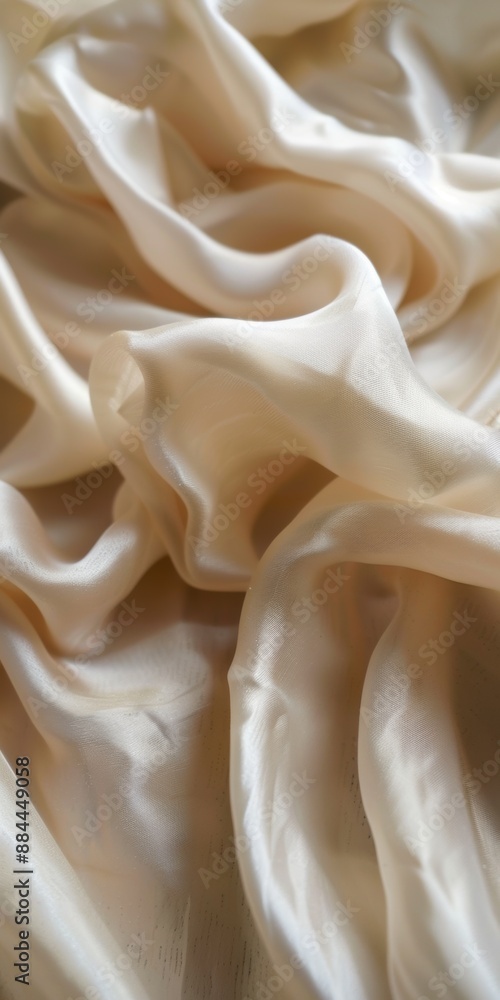 Poster silk clay textile folded opaque. close-up of white satin fabric with soft folds and smooth texture.