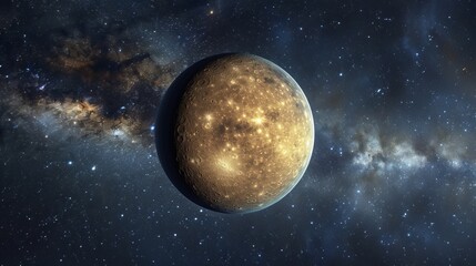 Fototapeta premium A serene image of a golden-hued planet glowing gently amidst a star-studded cosmic backdrop, exuding a sense of calm and timeless beauty in space.