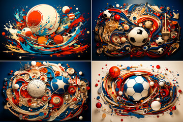 Four different images of a soccer ball surrounded by various objects