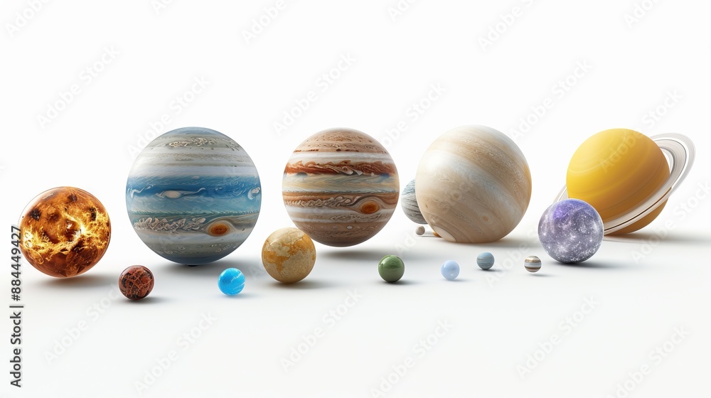 Wall mural a stunning display of the solar system planets arranged in a horizontal line against a white backgro