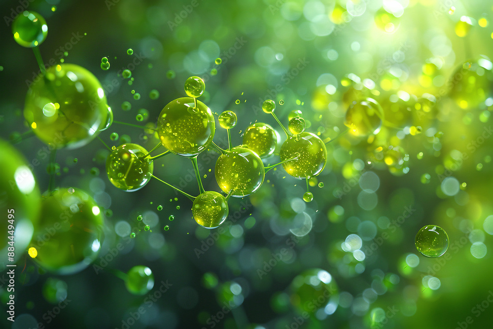 Poster a detailed, artistic representation of green molecules, floating in a vibrant, illuminated environme
