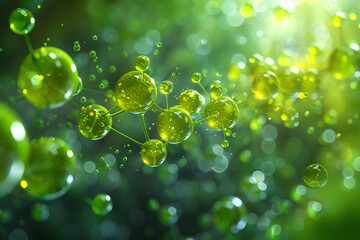 A detailed, artistic representation of green molecules, floating in a vibrant, illuminated environment. The image captures the intricate connections and spherical structures of the molecules
