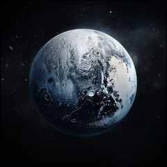 Fototapeta premium A mesmerizing image of a frozen, icy planet with visible craters set against the vastness of outer space, demonstrating the cold and isolated beauty of distant celestial bodies.