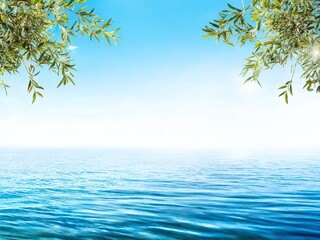 Tranquil blue water with green leaves on a sunny day
