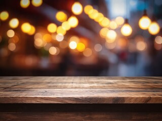 Wooden tabletop in front of blurred city night lights