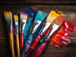 Fototapeta premium Colorful paint brushes on wooden surface