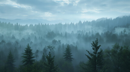 Mist over the forest with dark cloud weather Generative Ai image