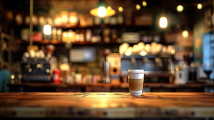 Beautiful close-up of a coffe on a blurred background of a cozy coffee shop with warm lighting.
