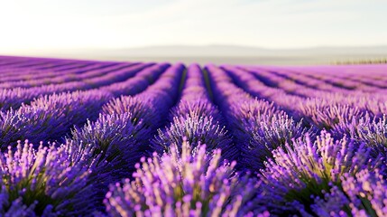 Obraz premium A beautiful lavender field in full bloom, with rows of purple flowers extending to the horizon under a bright, cloudless sky.