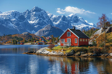 Naklejka premium A picturesque Norwegian fishing village with red wooden houses, surrounded by a lake and mountains with snow-capped peaks under a clear blue sky
