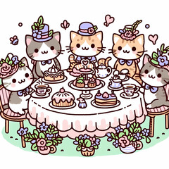 Fototapeta premium Doodle art cartoon of a group of cats having a tea party
