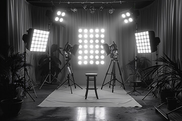 A professional photoshoot studio with bright lights, a small stool in the center, and various equipment arranged around. The black and white setup highlights the studio environment