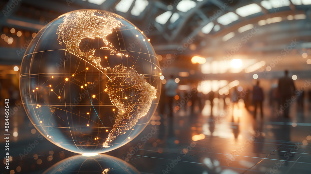 Aufkleber a glowing globe with a digital network stands in a bustling modern environment..a futuristic globe w