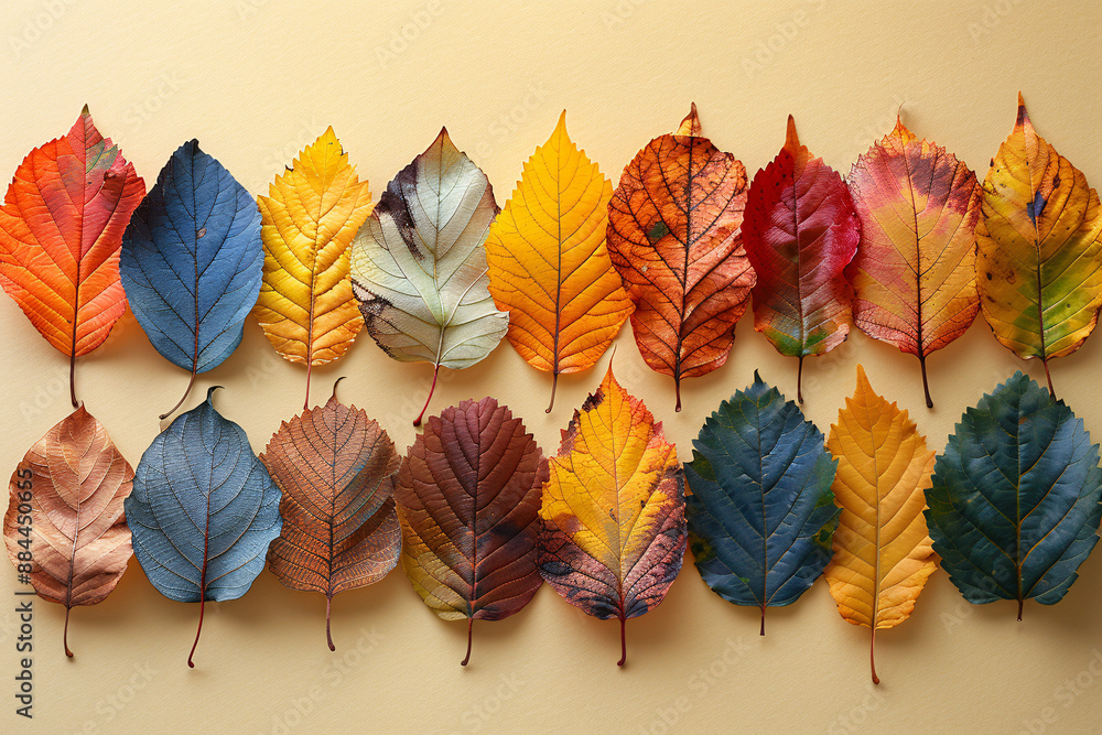 Poster a row of colorful leaves against a yellow background. each leaf displays unique patterns and colors,