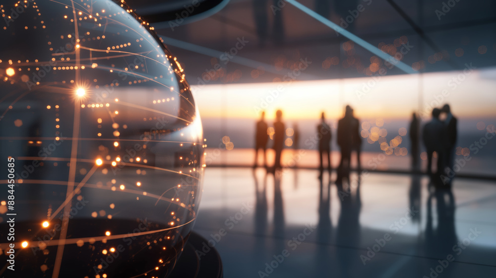 Aufkleber a glowing digital globe with network lines in focus, with people standing in a modern setting at sun