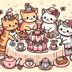 Doodle art cartoon of a group of cats having a tea party