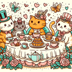 Fototapeta premium Doodle art cartoon of a group of cats having a tea party
