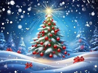 Decorated christmas tree in a snowy forest at night