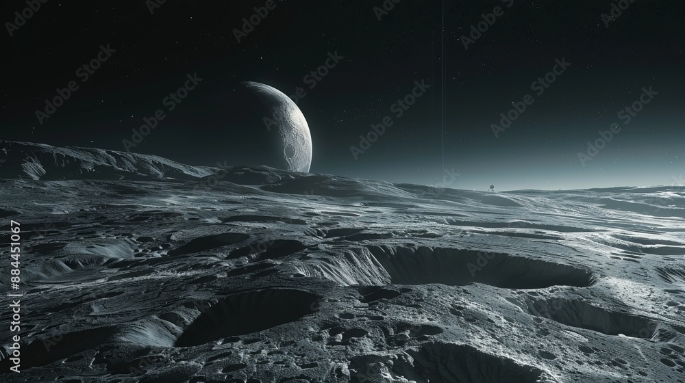 Wall mural a detailed view of a lunar landscape filled with numerous craters under a dark, starless sky, articu